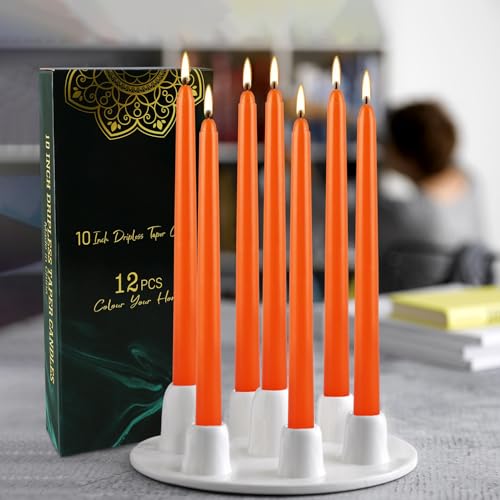 10 Inch Orange Slender Taper Candles Set - 12 Pcs Dripless, Smokeless with Cotton Wick, Ideal for Halloween,Thanksgiving,Dinner, Weddings & Home Decor. - color: 12Pack-Orange-10inch