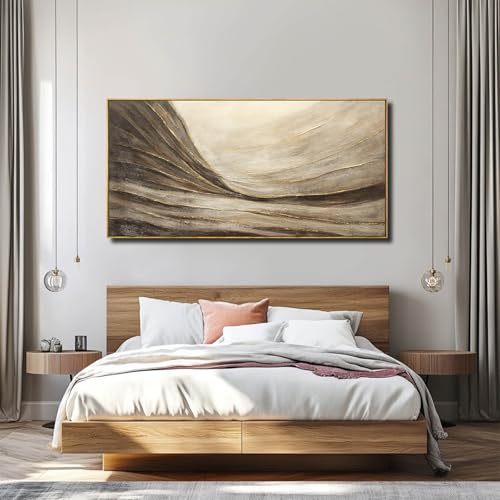 WINKAILIN Modern Abstract Wall Art with Frame Brown and Grey Painting Wave Poster Line Canvas for Living Room Bedroom Textured Home Decor 24x48 Inch - color: Brown and Gold, size: 48"L x 24"W