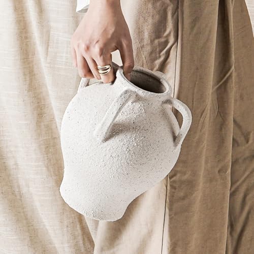 White Ceramic Vase - 8.8 Inch Rustic Farmhouse Centerpieces with Handles for Home Decor, Decorative Flower Vases for Living Room Table, Bathroom, Holiday & Weddings(Rock Sand White) - color: Rock Sand White-8.8"