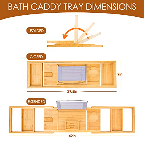 Foldable Bathtub Caddy Tray, Bamboo Bath Tub Tray Table for Tub with Wine Glass Holder Book Phone Tablet Holder with Extending Sides, Adjustable Bathroom Bathtub Free Soap Holder Gift Idea (Beige) - color: Beige