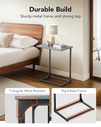 Pipishell C-Shaped Side Table, C Table for Sofa with Two-Piece Desktop & Metal Frame, Large Surface End Table for Living Room, Bedroom, Bedside, Rustic Design, Grey - color: Grey