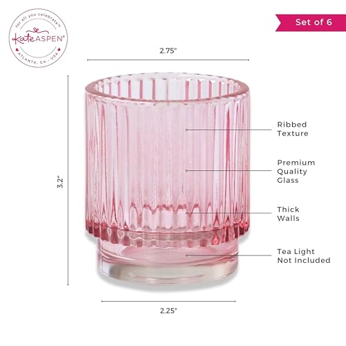 Blush Pink Vintage Ribbed Glass Tealight Votive Candle Holders by Kate Aspen (Set of 6), Pink Decor, Boho Decor, Shelf Decoration, Rose Gold Look | Perfect Hostess Gift - color: Pink