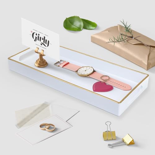 White Bathroom Vanity Tray for Countertop, Small Plastic Toilet Tank Versatile Storage & Organization Tray for Makeup, Perfume, Desk, Kitchen, Candles, 13.7"x6"x1.4", 35W - color: 15white