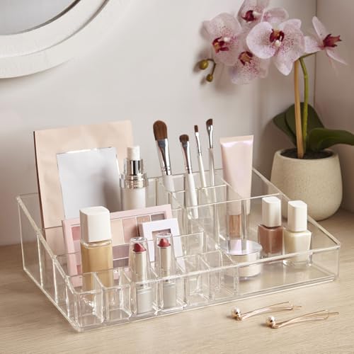 STORi Audrey Clear Vanity Makeup Organizer | 15-Compartment Holder for Brushes, Eyeshadow Palettes, & Beauty Supplies | Stacks on Audrey Storage Drawers | Made in USA - style: Cosmetic Organizer Topper