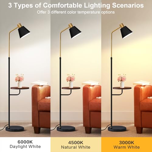 Black Floor Lamp with Walnut Side Table for Living Room Bedroom, Modern Standing Lamp 12W LED 3-Color Dimmable 3000K/4500K/6500K, Adjustable Reading Light with Shelf for Home Office Corner end - color: Black Table
