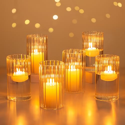 Glasseam Hurricane Glass Candle Holders: Set of 6 Cylinder Clear Candle Holders for Pillar Candles Ribbed Modern Candle Holder Decorative Cylinder Vases for Centerpiece Wedding Table Decoration 5.91’’ - color: 6, size: Ribbed-6in