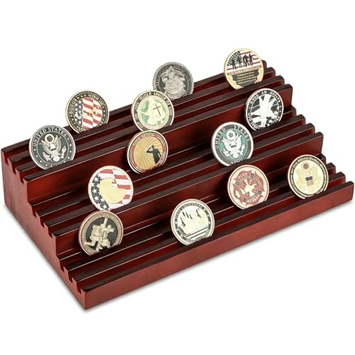 Challenge Coin Display Stand - Where Every Coin Tells A Story - Solid Wood Military Coin Rack | 9-Row Ladder Design Holds 45-60 Coins | Desktop Holder for Army Police Firefighters (Walnut) - color: Walnut