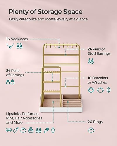 SONGMICS Necklace Holder, Jewelry Stand Holder Organizer, Jewelry Display with Metal Frame, Velvet Tray, Earring Bracelet Holder, for Gift Idea, 4.5 x 7.7 x 12.1 inch, Pale Gold UJJS021A01 - color: Pale Gold, size: 4.5"D x 7.7"W x 12.1"H
