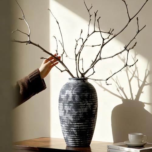 Lvases Farmhouse Rustic Ceramic Vase, 10.6 inch Gray-White Textured Modern Weathered Pottery Terracotta Vintage Vases for Home Decor Enterway Coffee Table Mantel Shelf Decorative (Tall - B) - color: Gray+white, size: 5.9 in X 10.6 in