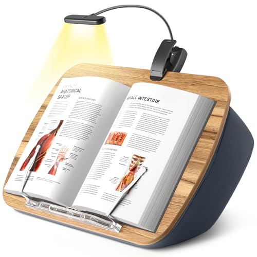 ERGONOV Book Pillow Stand with 6500K Reading Light, Hands Free Book Holder, Comfortable Lap Book Stand for Reading in Bed, Desk, or Sofa, Wooden Book Rest for Book Lovers,AAA Battery Required