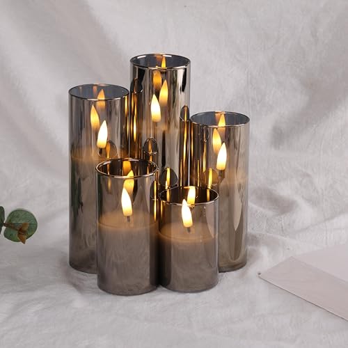 Eywamage 5 Pack Grey Glass Flameless Candles with Remote, Flickering Slim Tall LED Pillar Votive Candles Battery Included - color: Gray
