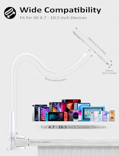 Tryone Gooseneck Tablet Holder Stand for Bed Adjustable Flexible Arm Tablets Mount Clamp on Table Compatible with iPad Air Mini | Galaxy Tabs | Kindle Fire | Switch or Other 4.7-10.5" Devices - color: White