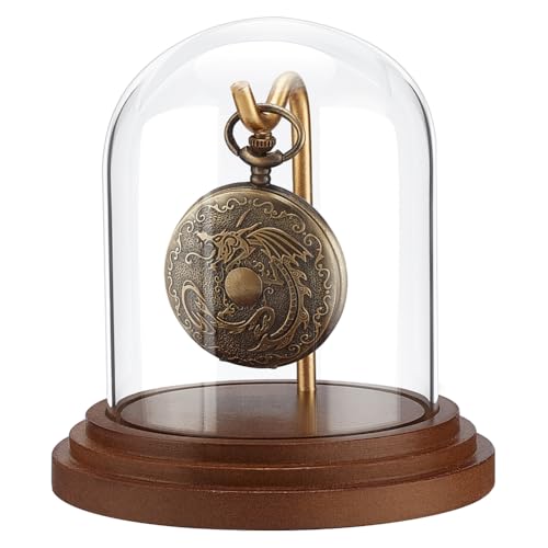 PH PandaHall Pocket Watch Display Dome Cloche with Hook 4.2"x4" Watch Display Jar Decorative Glass Display Case with Wood Base Plants Showcase for Watch Plants Medals Collectibles Ornaments - size: 4.2x4 Inch