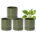 D'vine Dev Set of 4 Small Ceramic Plant Pots, 4.7 Inch Succulent Planter Pot for Plants with Drainage Hole and Saucer, Olive, 94-X-B-0 - color: Olive, size: 4.7 Inch
