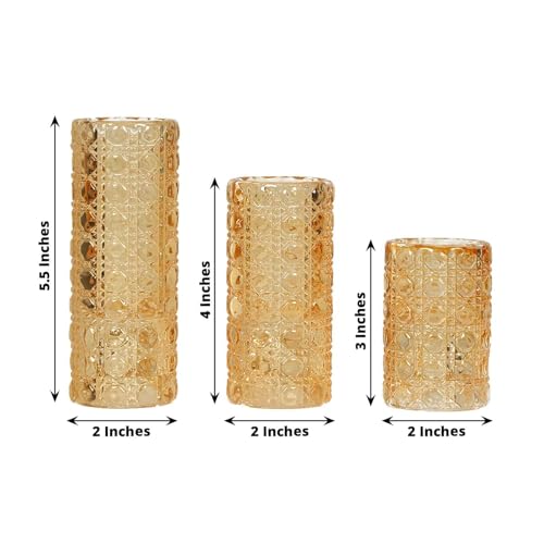 Efavormart Set of 3 Amber Gold Glass Taper Candle Holders with Gemstone Pattern, Dual Sided Crystal Cylinder Tealight Candle Stick Stand - 3",4",5.5" - color: Type9