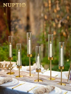 NUPTIO Hurricane Candle Holder for Centerpiece: Set of 6 Gold Taper Candle Holders Bulk - Tall Brass Candlestick Holders with Cylinder Shape Cover for Dinner Table Christmas Decor - size: 6 pcs