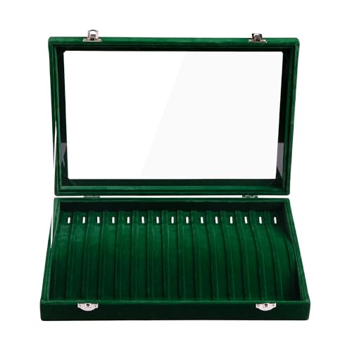 Frebeauty 15 Hooks Necklace Tray Velvet Neckalce Organizer with Clear Lid Lockable Necklace Holder Box Jewelry Organizer for Pendants Chains Necklace Jeweley Tray for Women Girl (Blackish Green) - color: Blackish Green