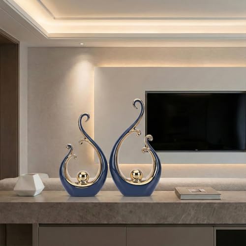 LCCCK Glossy Blue and Gold Decor Ceramic Statue, Modern Abstract Sculpture Art for Luxury Centerpiece - Shelves Bookshelf&Dining Table Decorations, Entryway Coffee Table Tv Stand Home Decor - color: Blue Gold