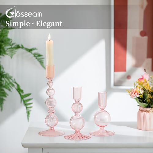 Glasseam Pink Glass Candlestick Holder: Unique Candle Holders Set of 3 Modern Taper Candle Holder Decorative Candle Holders for Table Centerpiece Party Christmas Home Wedding Decoration - color: Pink