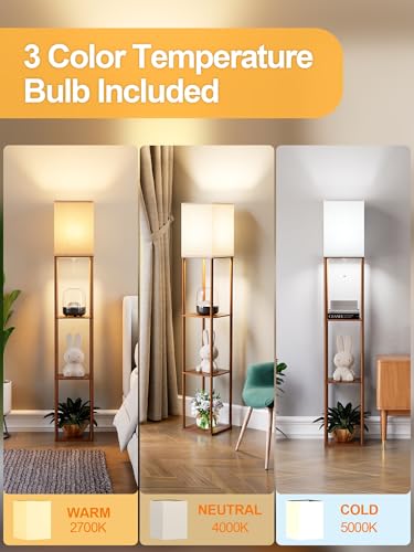 PARTPHONER Floor Lamp with Shelves for Living Room Walnut Brown 2 Pack, Shelf Floor Lamp with 3 CCT LED Bulb, Corner Display Standing Column Lamp Etagere Organizer Tower Nightstand for Bedroom - color: Walnut Brown
