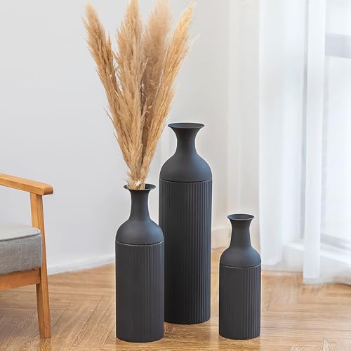 Sziqiqi Black Tall Floor Vase: Large Ribbed Metal Vases 27/20/16in for Living Room, Modern for Pampas Grass, Oversized Standing Vase for Fireplace, Home Corner, Hallway, Office - color: Black