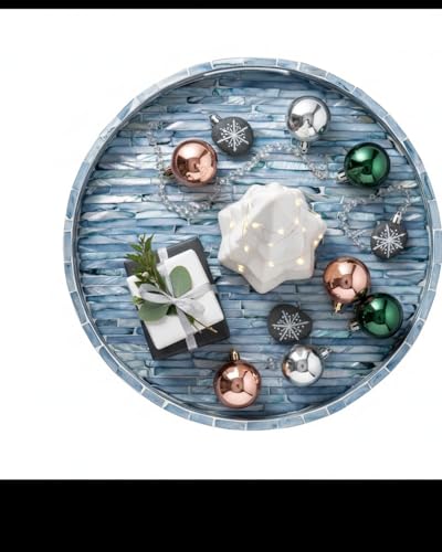PEMAR 12.6” Mother of Pearls Lacquer Inlaid Round Serving Tray with Handles, Round Decorative Nacred Wooden Ottoman Coffee Table Tray (Blue Tiles) - color: Blue Tiles