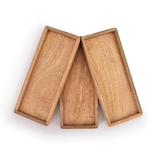 Samhita Mango Wood Serving Platter with Raised Edge -Set of 3 for Display Fruit Snacks Appetizer Sushi Food Decorative (12" x 5" x 0.75")