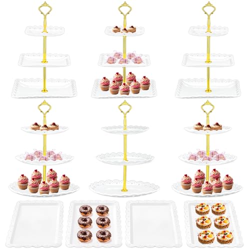 Lazycorner 10 Pcs Dessert Table Display Stands Set , with 6 Pcs 3-Tier Cupcake Stand & 4 Pcs Food Serving Tray - Cookie Tray Rack Serving Tray Cake Display Tower for Wedding Baby Shower Tea Party