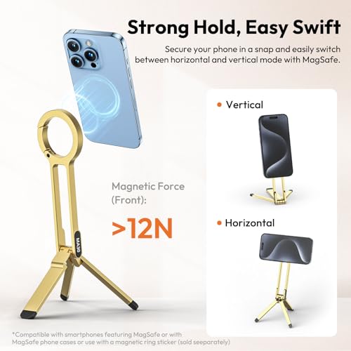 ULANZI MA30 Magnetic Phone Tripod Stand for iPhone - Aluminium Maglock Smartphone Mini Tripod Pocket Cell Phone Stand Strong Magnet Quick Mount Compatible with iPhone 17 16 15 14 13 12 Series, Gold - color: Gold