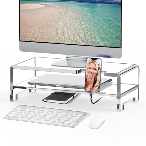 Acrylic Monitor Stand Riser Acrylic Laptop Stand Clear Computer Stand Laptop Riser with Storage Desk Organizer Accessories for Home and Office - style: 16''-2Tier