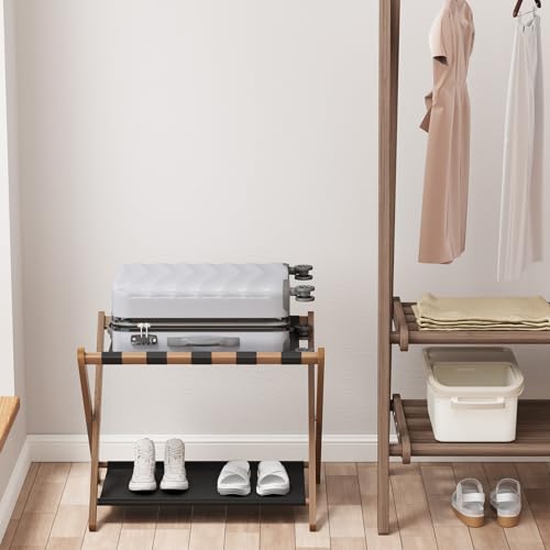 Smuxee Walnut Bamboo Luggage Rack for Guest Room, Foldable Suitcase Stand with Storage Shelf, Easily Assembled Luggage Stand with 5 Nylon Straps for Guest Room Bedroom Hotel - color: Walnut 1PCS
