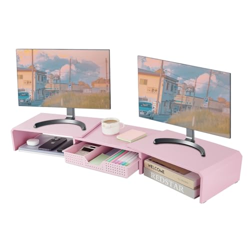LEKETREE Dual Monitor Stand Riser with Drawer, Desk Organizer and Accessories, Pink Monitor Stand for Desk, Desktop Stand for Computer, Laptop, TV and More (Pink) - color: Pink