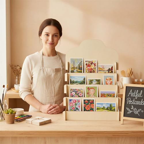 2 Pack 4-Tier Wooden Greeting Card Display Stand, Card Rack for Stickers, Postcards, Photos, Stationery, Small Products, Home Office Decor & Organizer, Lightweight for Vendor Booths, Craft Fairs