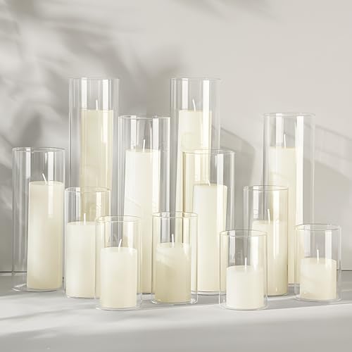 Shihanee Set of 12 Pillar Candles and Glass Cylinder Vases Assorted Sizes Cylinder Holders for Pillar Candles Home Table Centerpieces Wedding Party Decorations (Ivory) - color: Ivory
