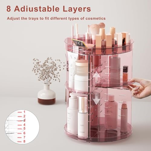 Jiavarry 360 Rotating Makeup Organizer with Lipstick Slots, 8 Adjustable Layers Spinning Skincare Organizers, Large Capacity Desk Storage, Carousel Cosmetic Shelf for Vanity Bathroom Countertop - color: Slot Top Pink