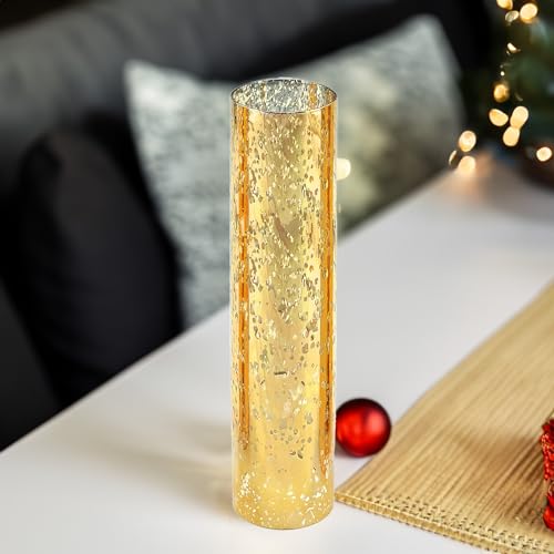 WGVI Hurricane Candle Holder Sleeve, W: 3", Ht: 14", Gold Speckled Glass Cylinder Open Both Ends, Chimney Tube Shade, 1 Piece - size: 3x14"H