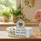 Smile Farmhouse Wooden Tabletop Decor Our Home Our Story Our Famliy Table Centerpiece, Block Sign Tiered Tray Decoration for Kitchen Shelves Desk Mantel - style: Our Story