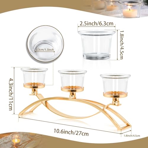 3-Arm Metal Tea Light Candle Holder Set with 5 Glass Cups, Votive Candle Holders Centerpiece Candelabra for Wedding Table Decor, Home Gatherings and Holidays (Gold, 5 Cups) - color: Gold, size: 5 Cups