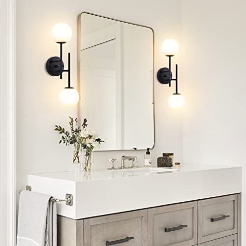 BYOLIIMA Black Globe Wall Sconces, 2-Light Modern Matte Black Vanity Lights with White Globe Glass Shade, Industrial Farmhouse Wall Lamp for Bedroom, Living Room, Kitchen, Bathroom - color: Black