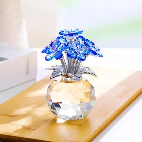YWHL Blue Crystal Forget Me Not Flowers Gifts for Women, Handmade Glass Flower Bouquet Collectible Figurine for Tabletop Centerpieces - color: Blue