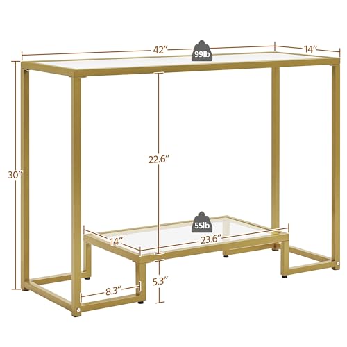Yaheetech 42 Inch Console Table, Tempered Glass Entryway Table, Narrow Sofa Tables, 2-Tier Hallway Tables, Entrance Stand for Living Room Bedroom, Gold - color: Gold