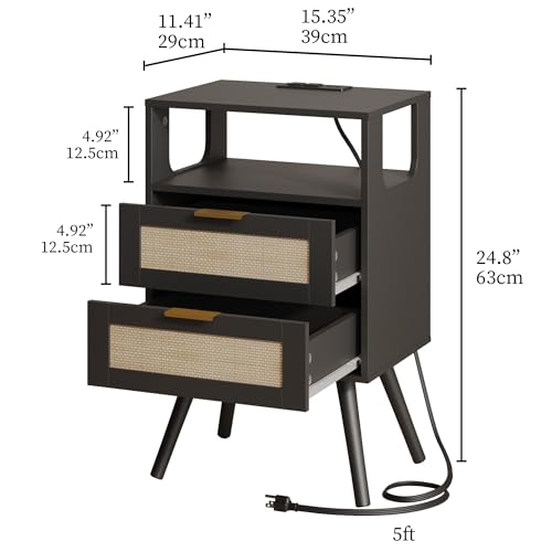 JOONEE Rattan Nightstand with Charging Station,Farmhouse Bedside Table with 2 Storage Drawer and Open Wood Shelf, for Bedroom and Small Spaces,Night Stand with Solid Wood Legs (Black-Outlet) - color: Black-outlet