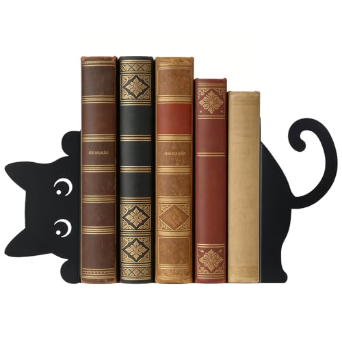 Peeping Cat Black Metal Bookends，Book Ends for Shelves Decorative，Cute Book Stopper for Office Home Desk Bookshelf Decor，cat Decor for cat Lovers