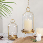Versatile Metal Candle Holder Set with Handmade Glass Dome,Antique Brass Pillar Candle Stand, 5.2" & 4.1" Wide for Tabletop or Hanging, Industrial & Farmhouse Decor
