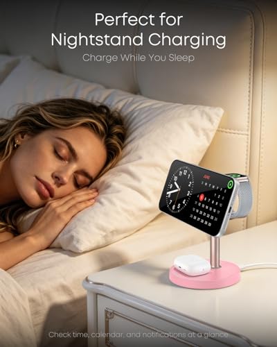 3 in 1 Magnetic Wireless Charging Station, 15W Fast Charger Stand for iPhone, Phone Charger Stand for Desk Nightstand, for iPhone 17/16/15/14/13/12, Apple Watch & AirPods, Adapter Not Included -Pink - color: Pink
