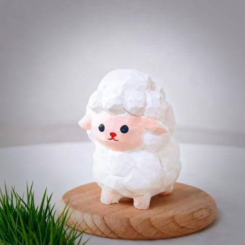 Hand Carved Wooden Sheep Statue with Round Wood Base – Mini Cute Lamb Figurine, Handmade Animal Sculpture, Rustic Desk Ornament & Unique Gift for Animal Lovers and Home Decor - color: Decor-sheep