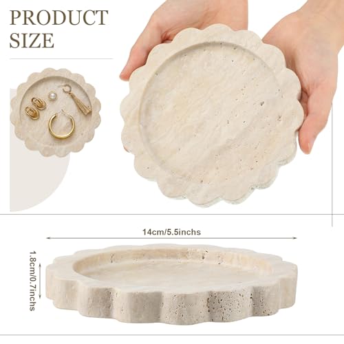Threehoney 5.5 Inch Small Travertine Scallop Edge Stone Tray Marble Jewelry Dish Trinket Tray for Women, Perfume, Coffee Table(Round) - style: Round