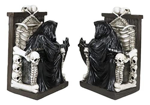 Ebros Gift Gothic Grim Reaper Dark Lord Sitting On Skulls and Skeleton Bones Thrones Pair of Bookends Statue 7" Tall Bibliography Macabre Ossuary Figurine As Halloween Decor