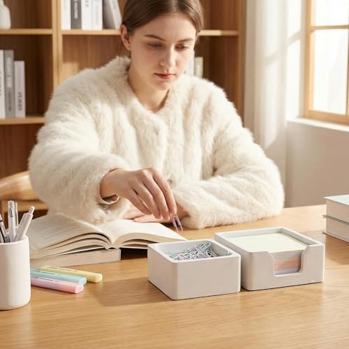 Concrete Desk Organizer Set of 2 - Minimalist Sticky Note Holder & Paper Clip Dispenser - Heavy Duty Office Desk Accessories with Non-Slip Base for Home Workspace Organizer & Desk Decor, White - color: White