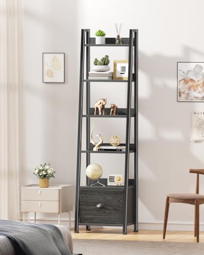 Furologee Bookshelf Set of 2, 6-Tier Ladder Shelf, Ladder Bookshelf with Drawer, Set of 2 Bookshelves, Wood Metal Freestanding Storage Shelf for Living Room, Home Office, Bedroom, Kitchen,Black Oak - color: Black Oak, size: 6 Tier -2 PCS